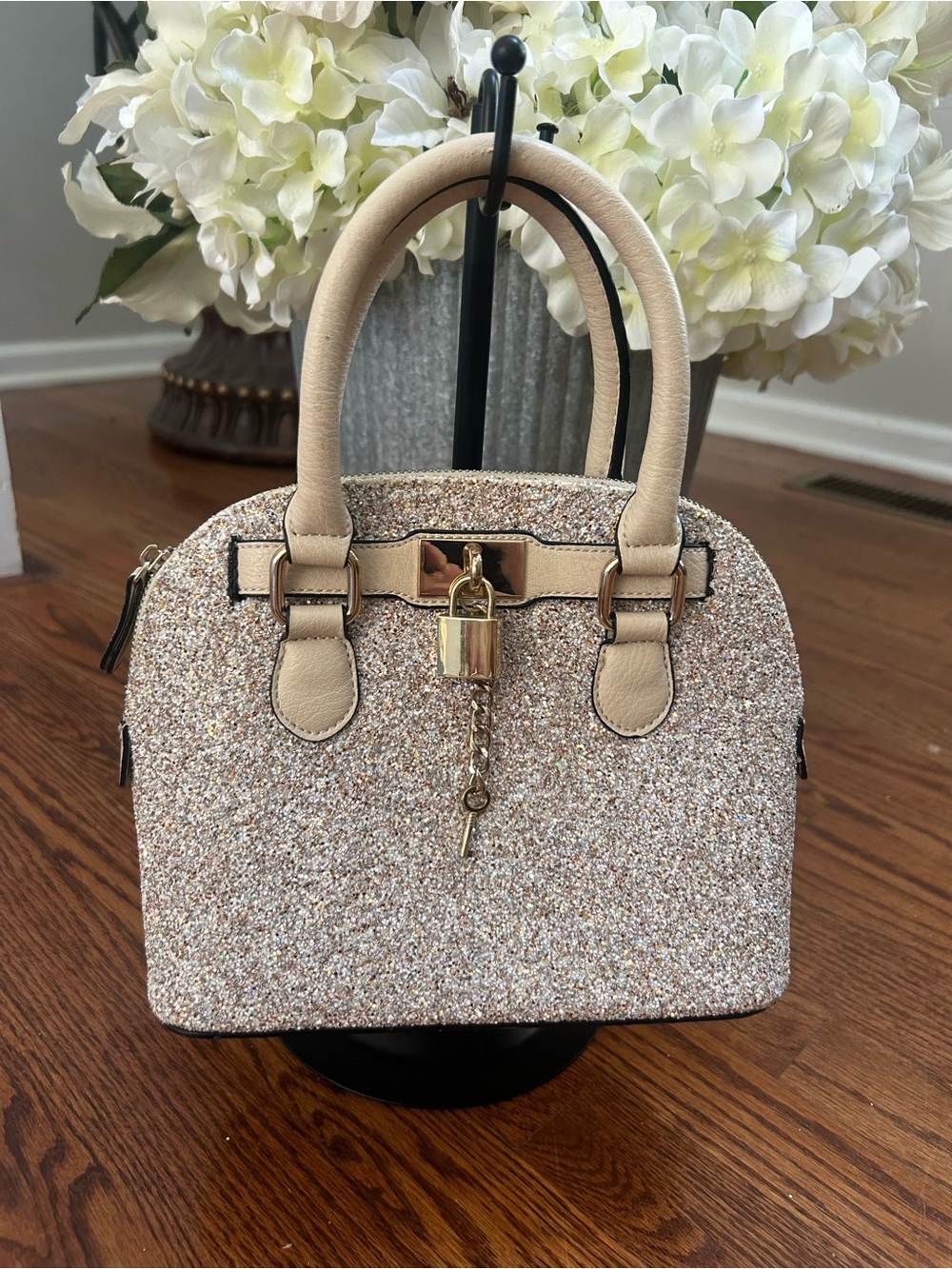 ALDO Champagne Gold Glitter Mini Satchel Lock & Key Handbag